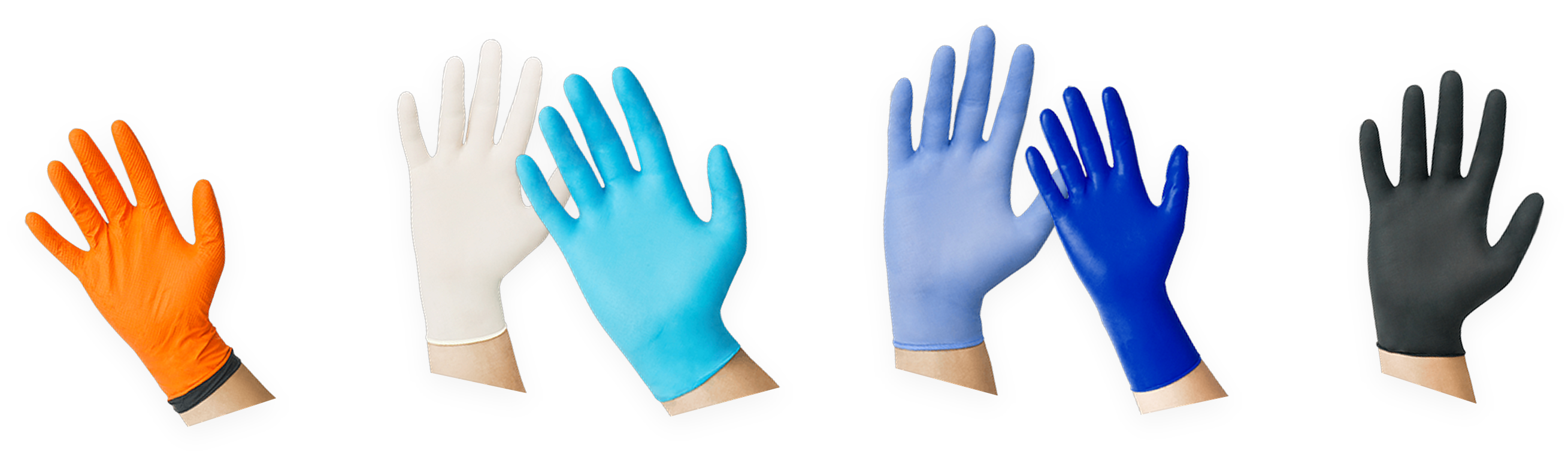 Uniseal gloves in orange, white, light blue, medium blue, dark blue, and black displayed together