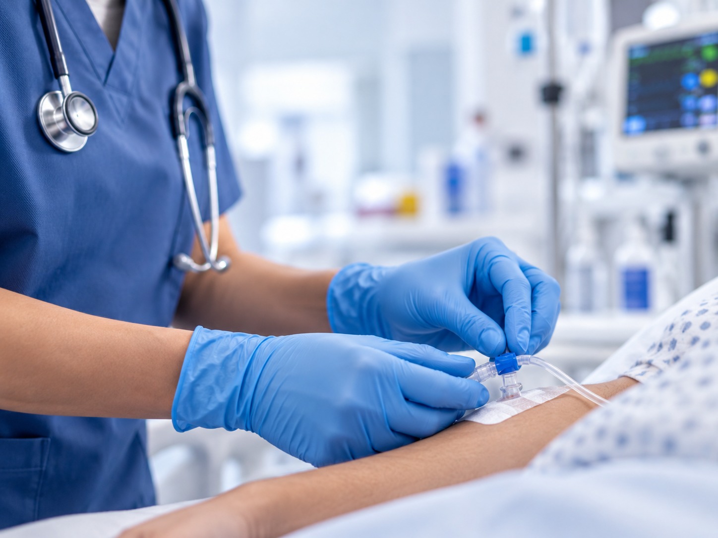 Healthcare provider in blue gloves at a hospital bedside, clinical equipment in the background