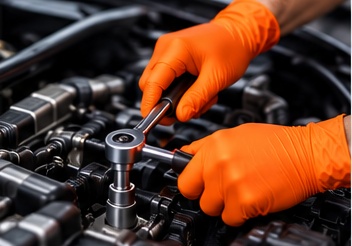 Automotive technician wearing orange nitrile gloves working inside an engine bay