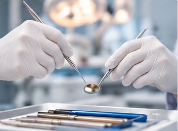 Dental professional wearing white nitrile gloves handling dental instruments in a clinical setting