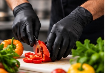 Food service worker wearing black nitrile gloves slicing vegetables in a professional kitchen