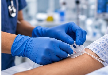 Healthcare provider wearing blue nitrile gloves preparing an IV line at a patient's bedside