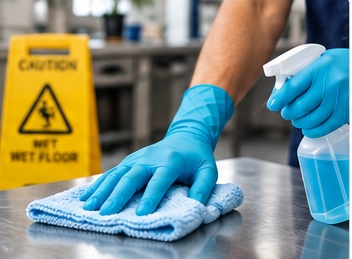 Cleaning professional wearing teal nitrile gloves disinfecting a stainless steel surface