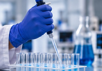 Lab technician wearing dark blue nitrile gloves using a pipette with test tubes