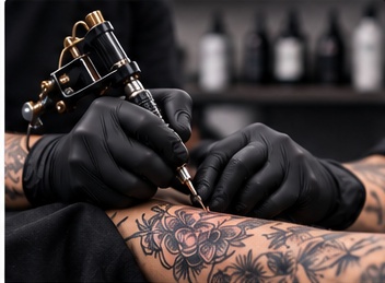 Tattoo artist wearing black nitrile gloves operating a tattoo machine on a client's arm