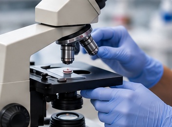 Researcher wearing light blue nitrile gloves positioning a slide under a microscope