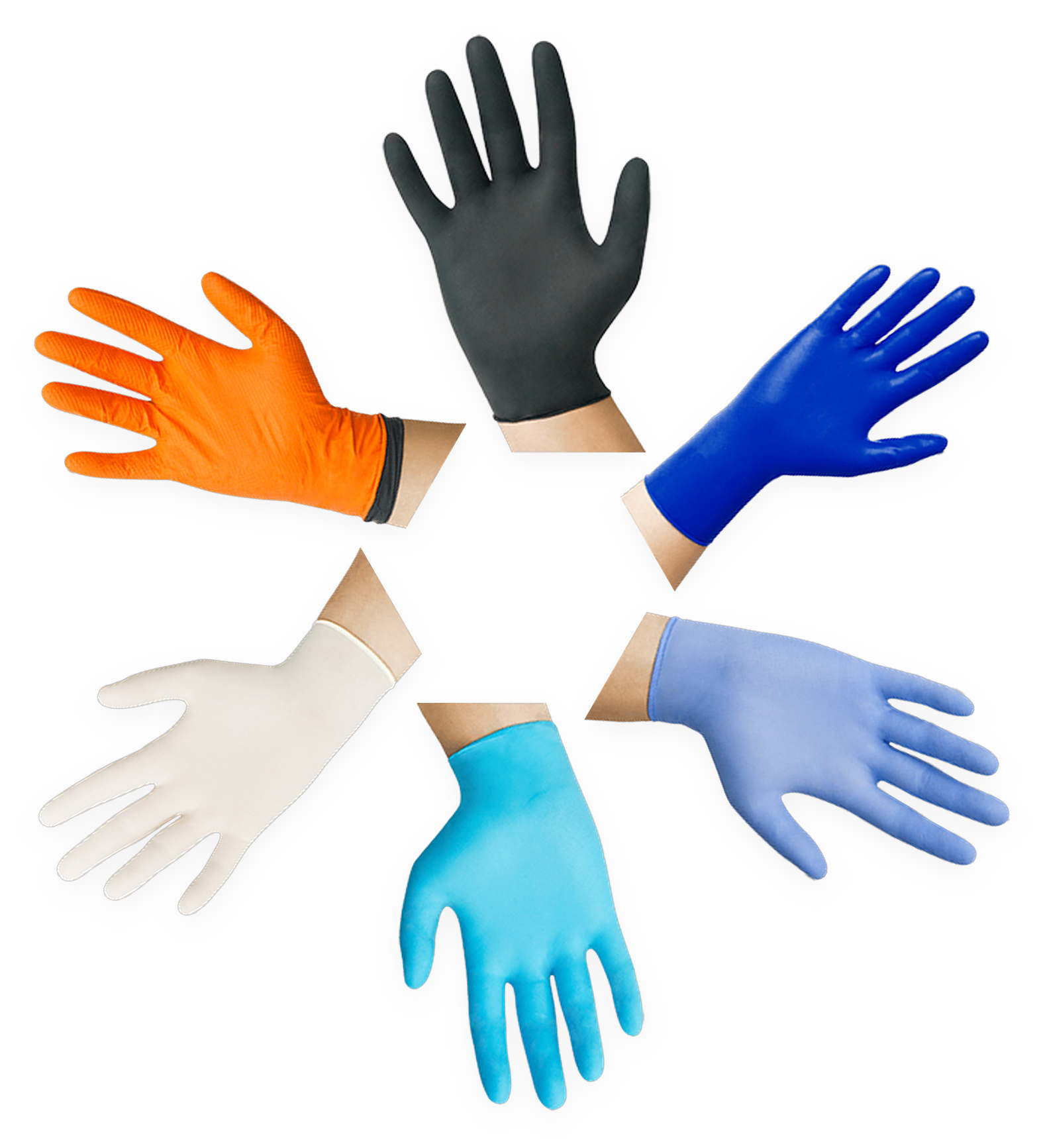 Uniseal gloves in orange, white, light blue, medium blue, dark blue, and black arranged in a balanced circular composition