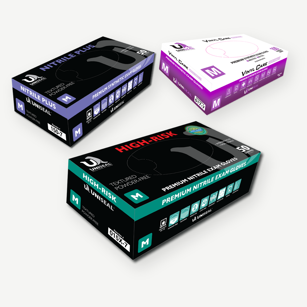 A lineup of Uniseal glove product boxes — High-Risk, Nitrile Plus, and Vinyl Care